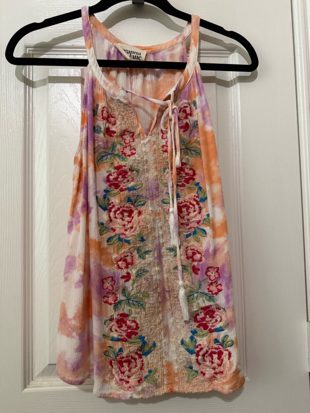 Savanna Jane Floral tie dye Embroidered Tassle Tie Tank Top L
